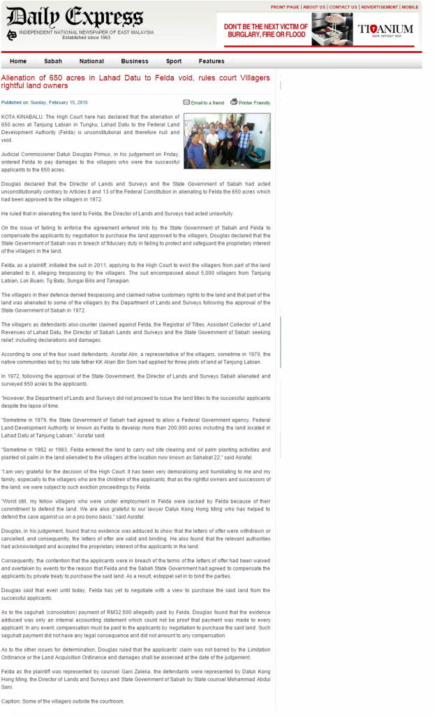 Alienation of 650 acres in Lahad Datu to Felda void  rules court Villagers rightful land owners   Daily Express Newspaper Online  Sabah  Malaysia.